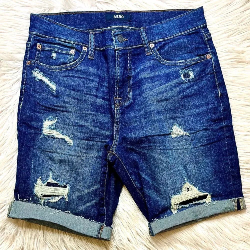 Aero Slim Cut Off Distressed Bermuda Denim Shorts Size 31